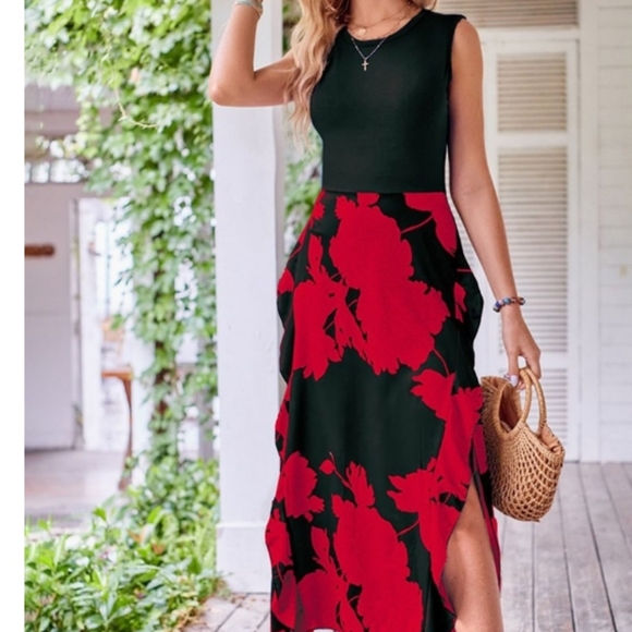 Red dress black medium maxi with 2 side slits statement sleeveless womens - Picture 4 of 16